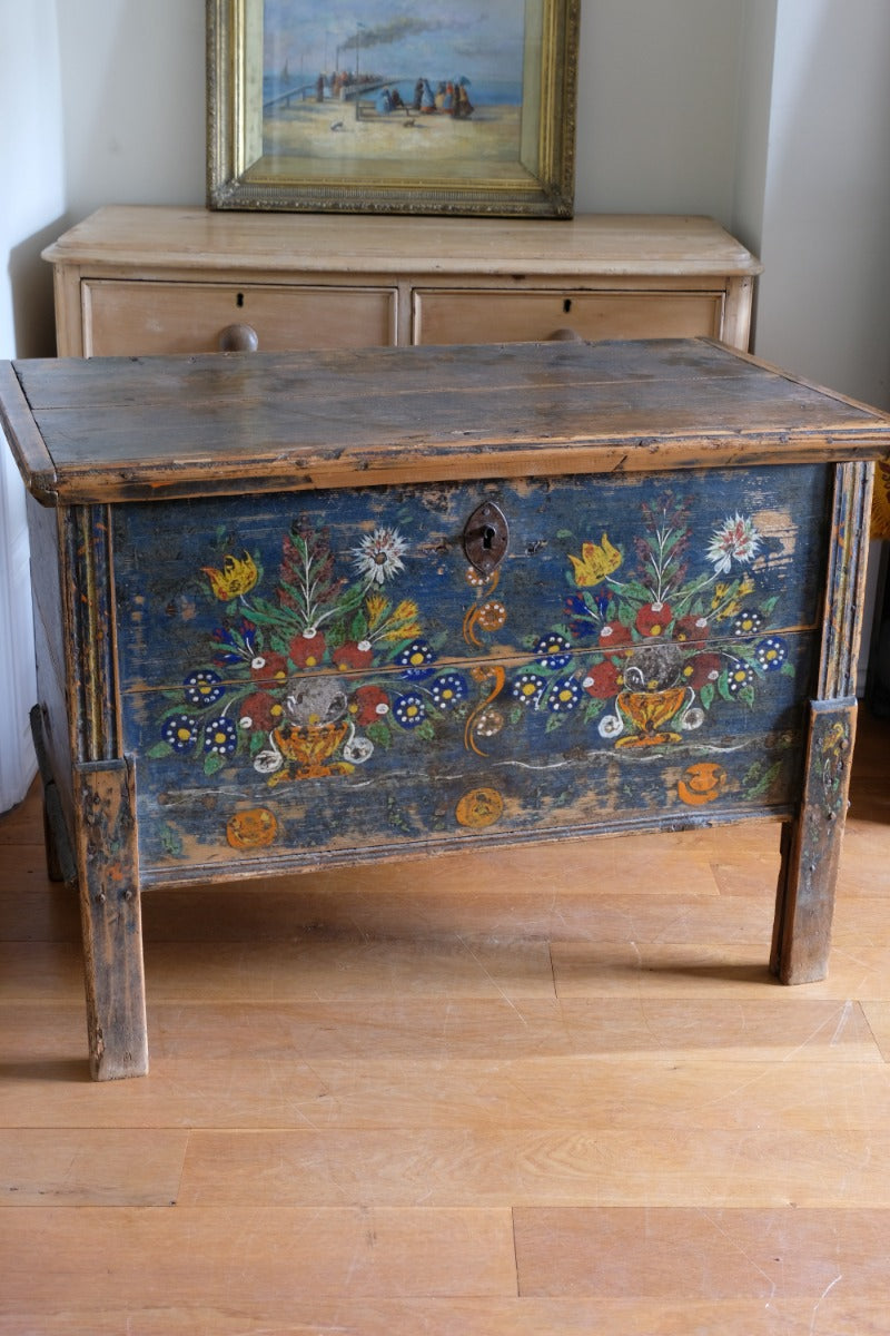 Hand-Painted Folk Art Storage Coffer Raised On Legs