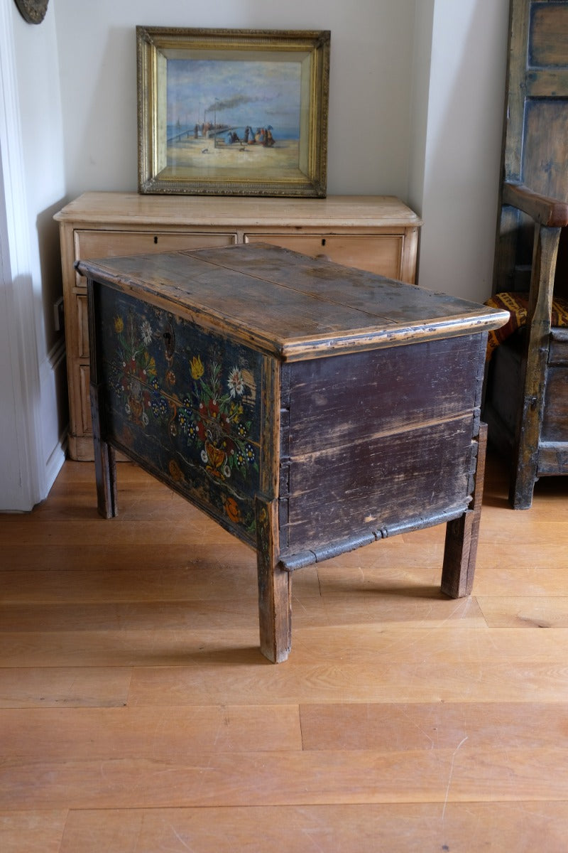 Hand-Painted Folk Art Storage Coffer Raised On Legs