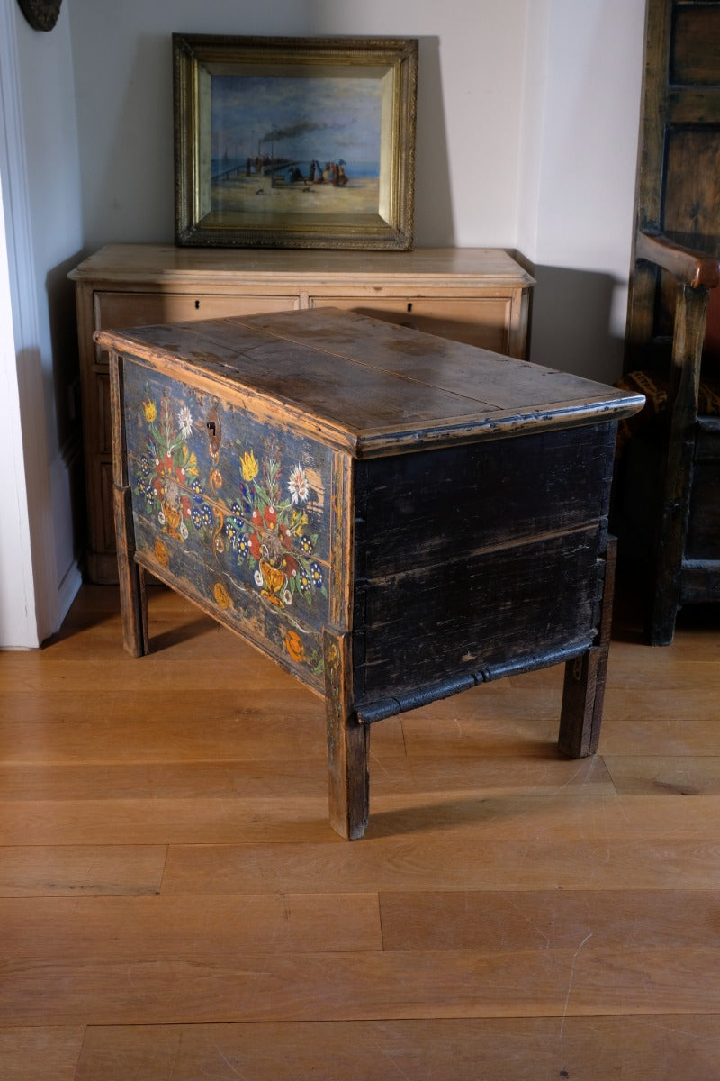 Hand-Painted Folk Art Storage Coffer Raised On Legs