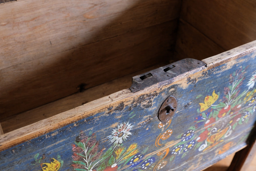 Hand-Painted Folk Art Storage Coffer Raised On Legs