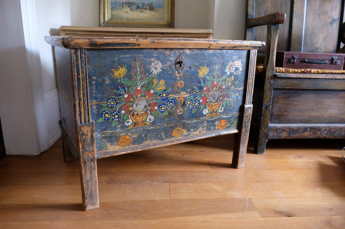 Hand-Painted Folk Art Storage Coffer Raised On Legs