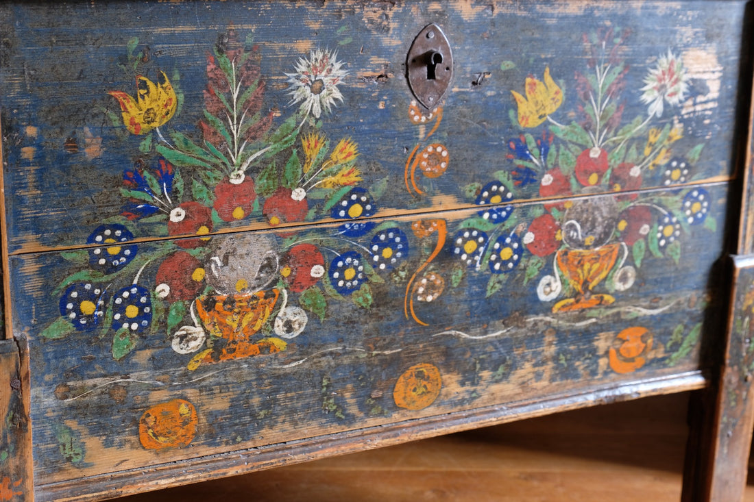 Hand-Painted Folk Art Storage Coffer Raised On Legs