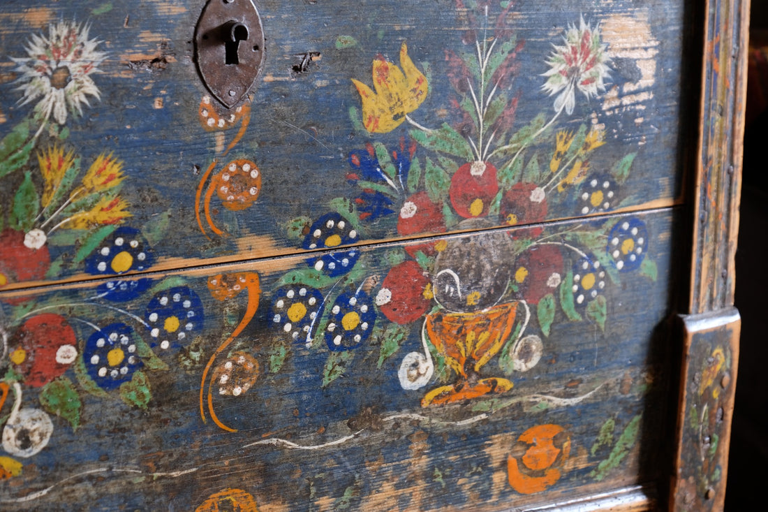 Hand-Painted Folk Art Storage Coffer Raised On Legs