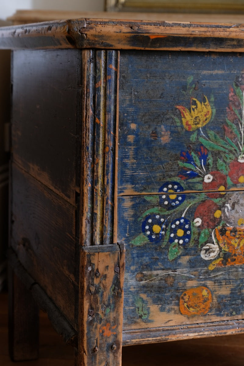 Hand-Painted Folk Art Storage Coffer Raised On Legs