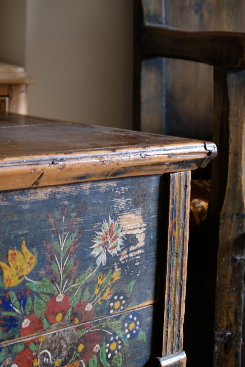 Hand-Painted Folk Art Storage Coffer Raised On Legs