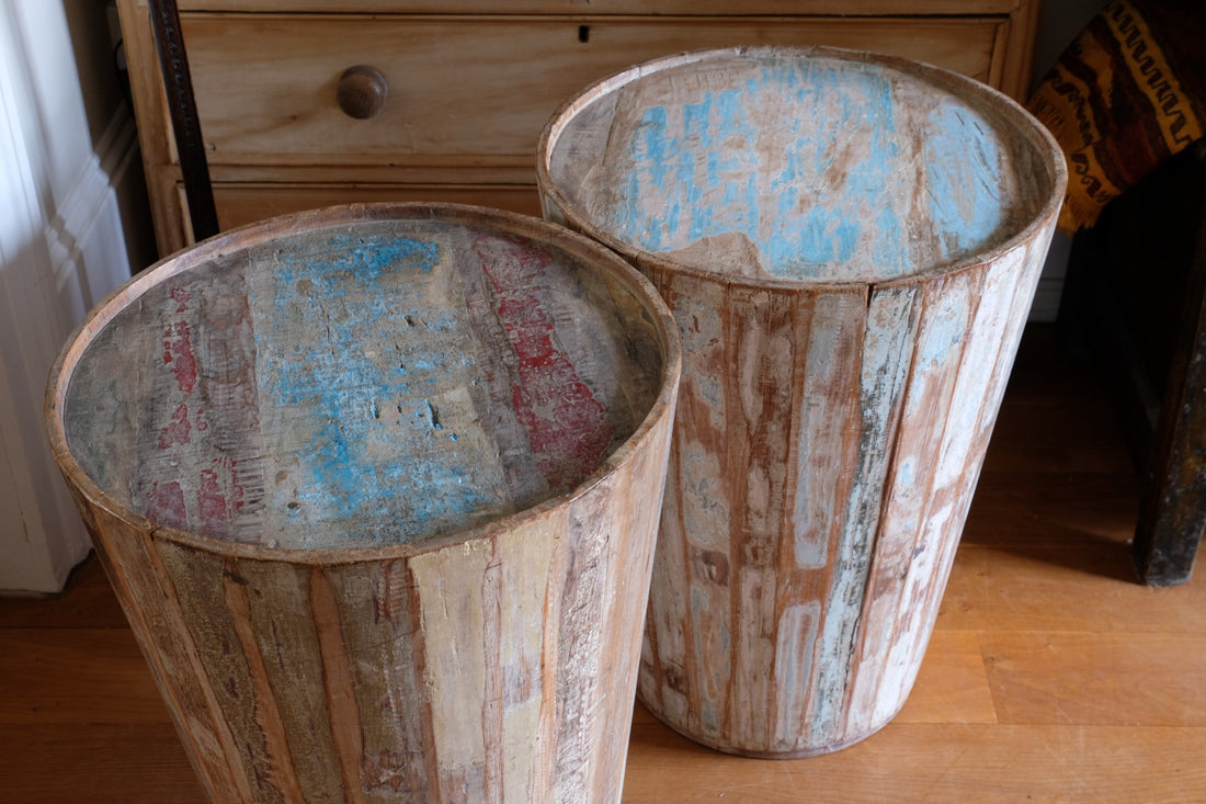 Vintage painted tub tables made from timber staves