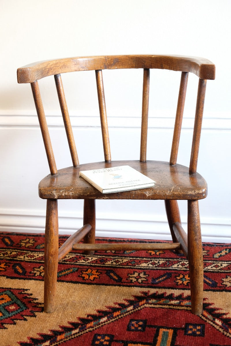 19th Century Bow Back Childs Stick Chair In Elm & Footstool