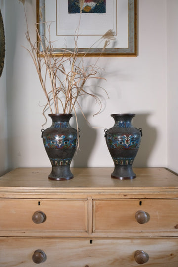Chinese Enamel Bronze Vases with Dragons and Ring Handles pair