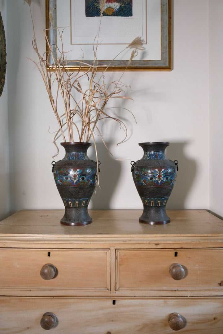 Chinese Enamel Bronze Vases with Dragons and Ring Handles pair