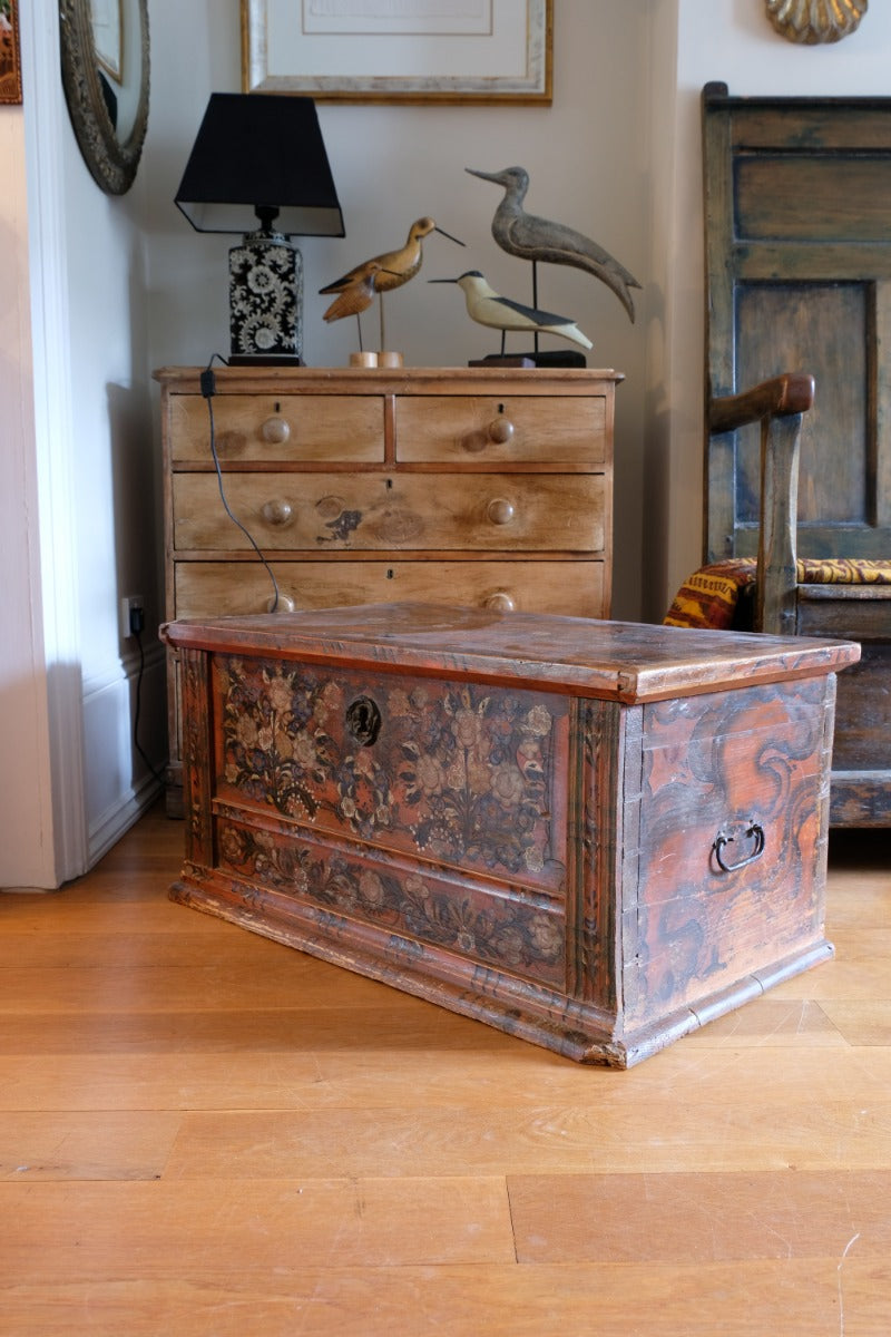 Hand painted ffolk Art coffer chest with a floral design