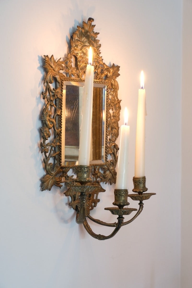 19th Century Girandole With Square Mirror Three Branched Wall Sconces