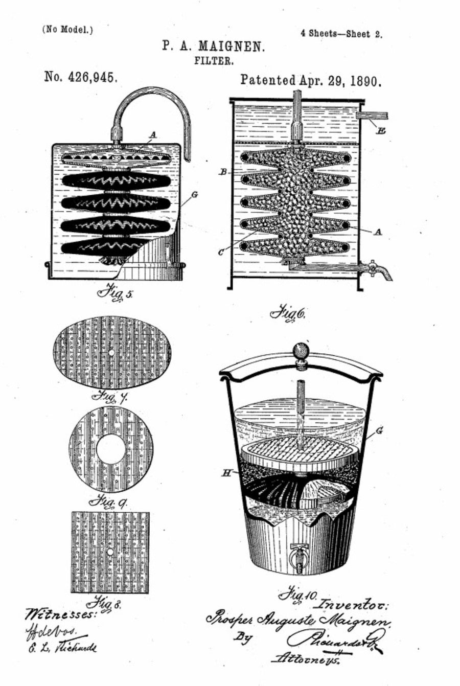 Large Copper Conical Planter on Cast Iron Stand Antique - Stamped with “3M MAIGNENS Patent”, this item bears the mark of P. A. Maignen’s original filtering invention, filed June 4 1889 (Serial No. 313,068). 