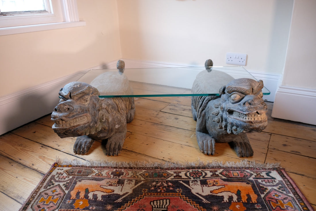 Chinese Polychrome Carved Foo Dogs Coffee Table