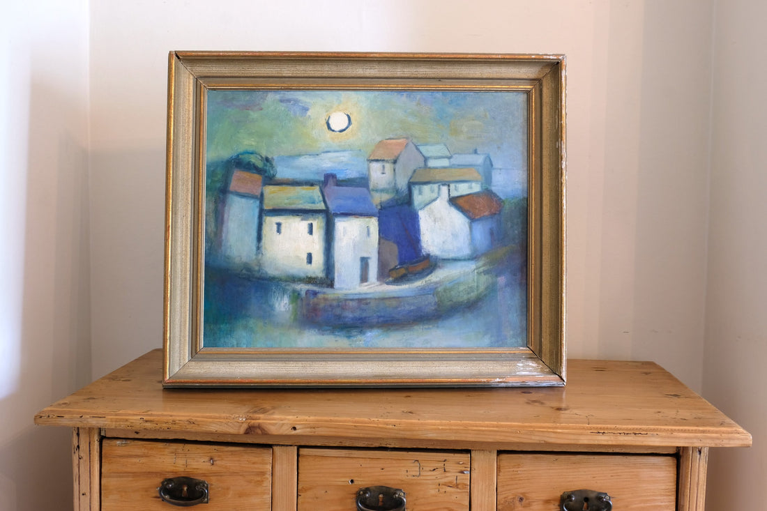 Mid century harbour oil painting, vintage coastal scene with cottages and moonlight