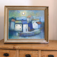 Mid century harbour oil painting, vintage coastal scene with cottages and moonlight