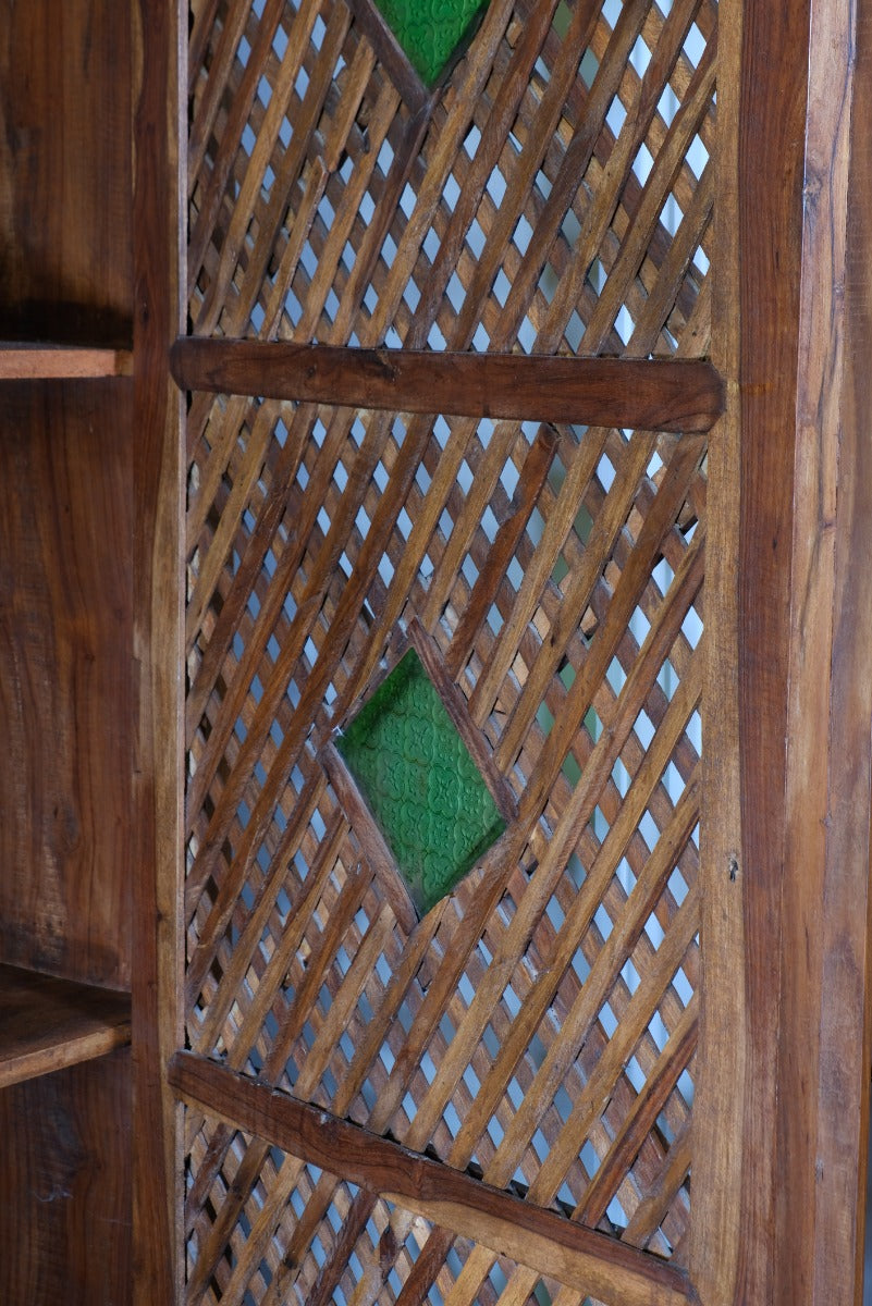 Indian Teak Armoire With Lattice & Glass Single Door