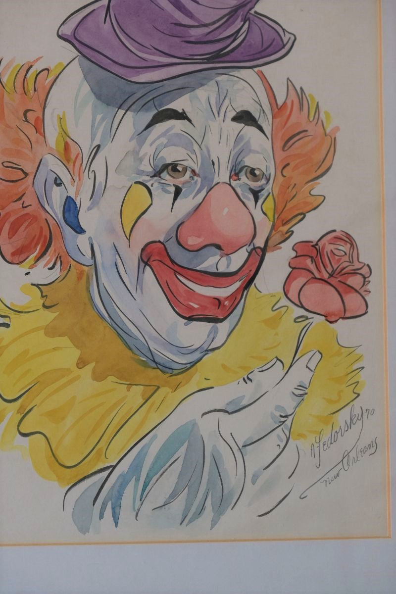 Clown With Rose Inscribed New Orleans Signed By Alexander Fedorsky - Water Colour