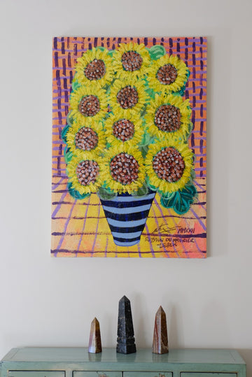Still Life Expressionism Of Sunflowers In A Striped Vase 1001601