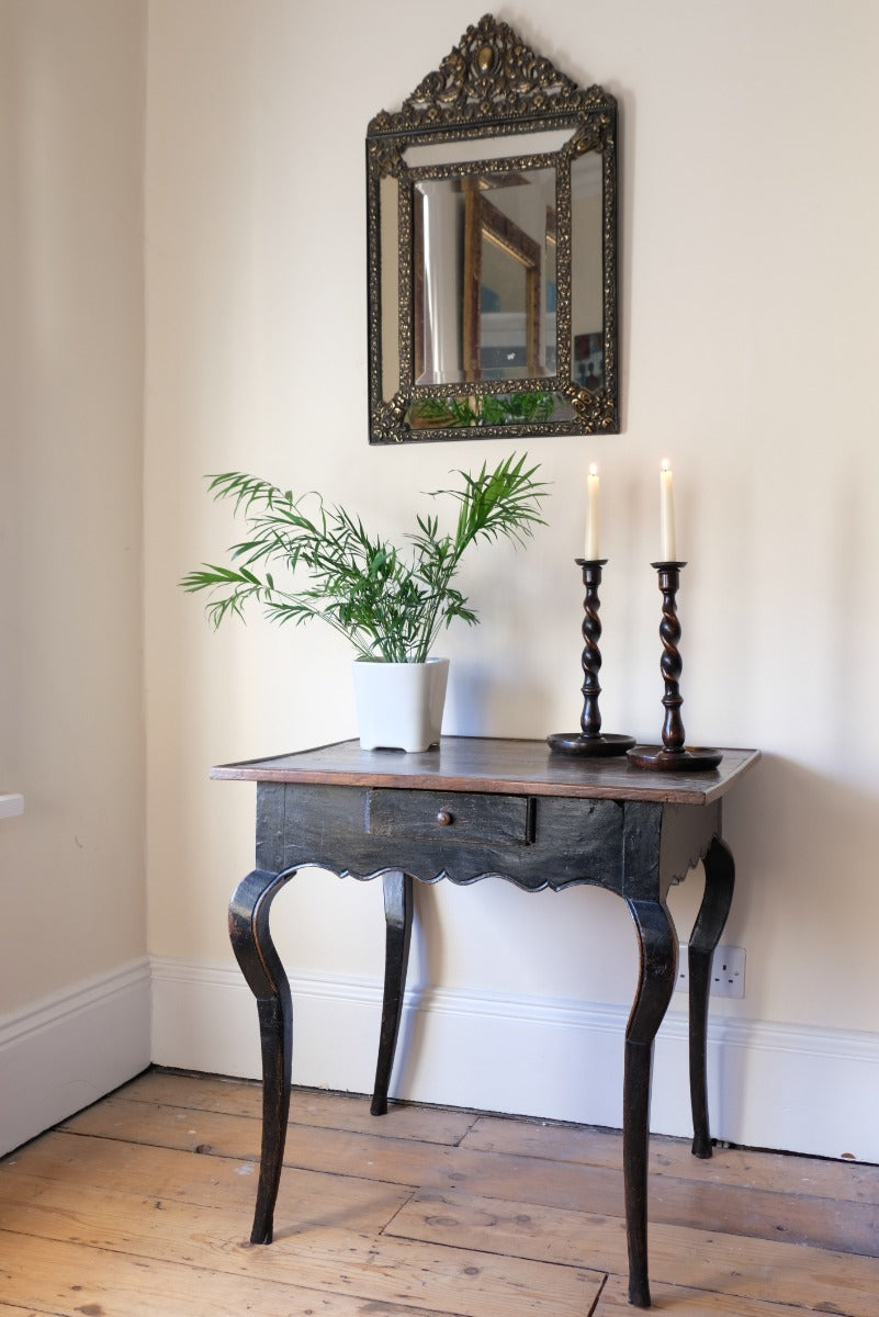 18th Century French Ebonised Fruitwood Table With Cabriole Legs & Hoof Feet