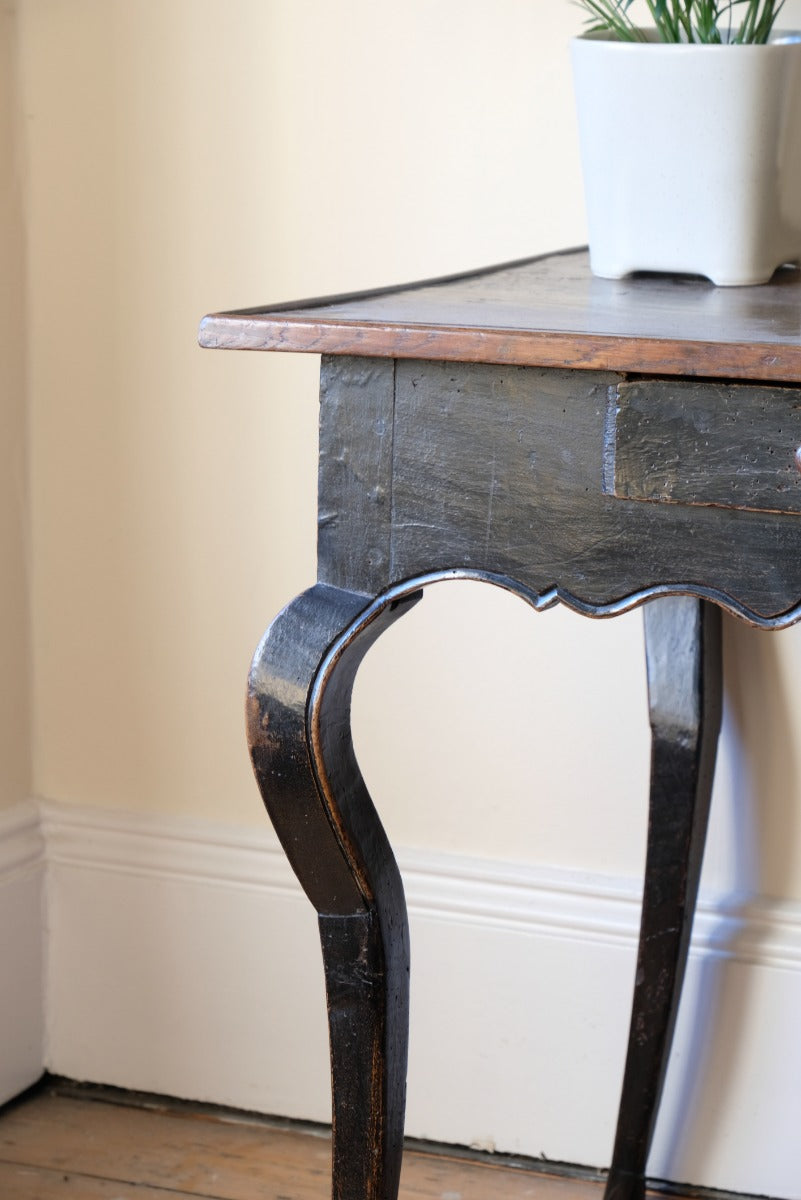 18th Century French Ebonised Fruitwood Table With Cabriole Legs & Hoof Feet