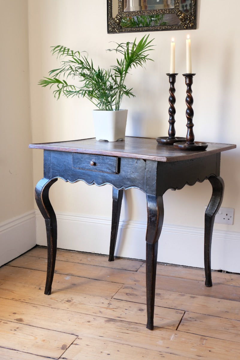 18th Century French Ebonised Fruitwood Table With Cabriole Legs & Hoof Feet