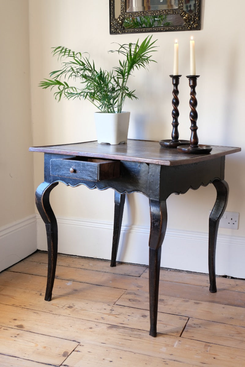 18th Century French Ebonised Fruitwood Table With Cabriole Legs & Hoof Feet