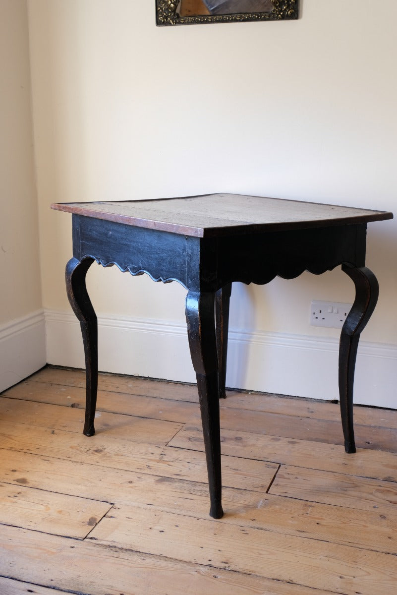 18th Century French Ebonised Fruitwood Table With Cabriole Legs & Hoof Feet