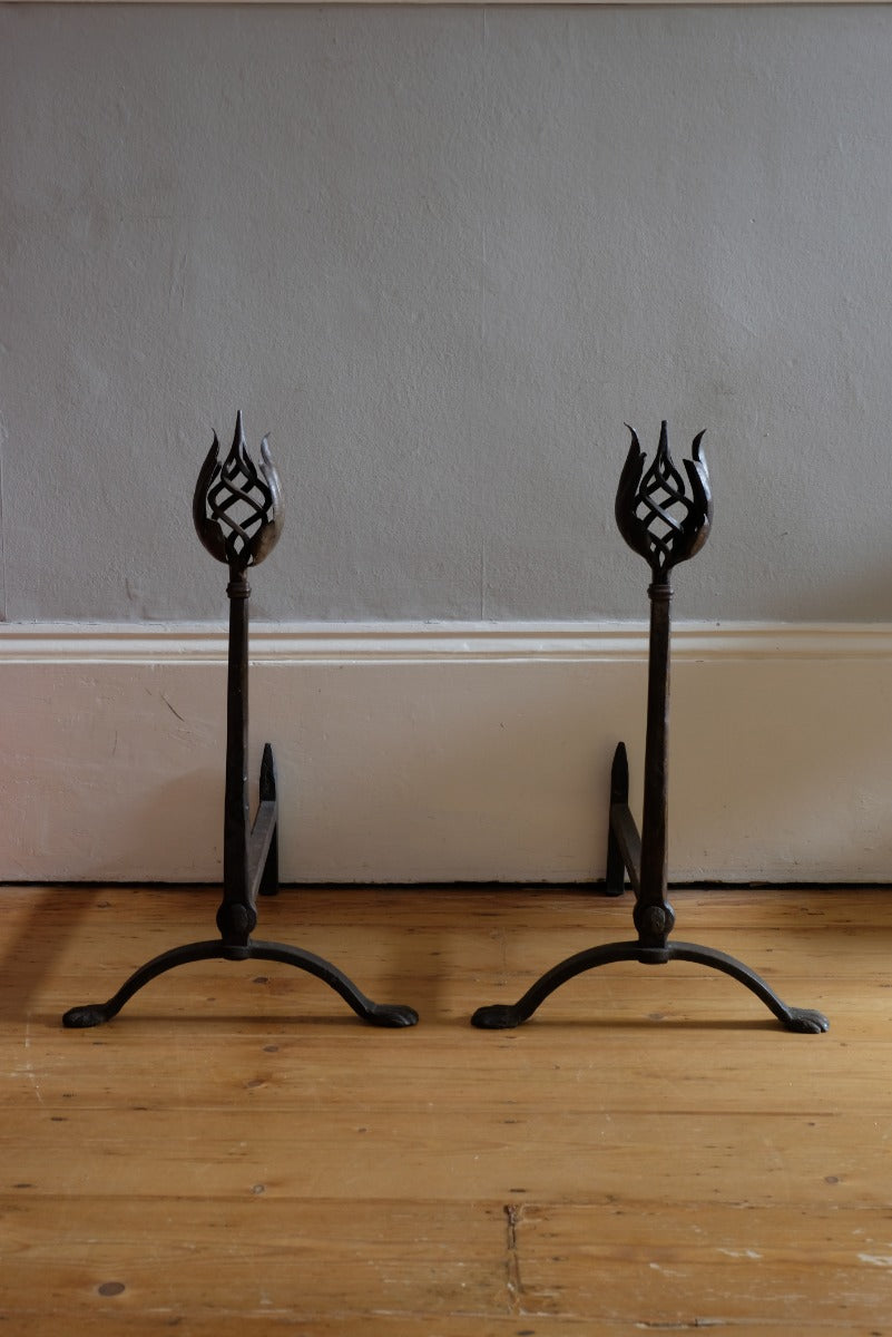 Pair Wrought Iron Fire Dogs With Open Foliate Finials