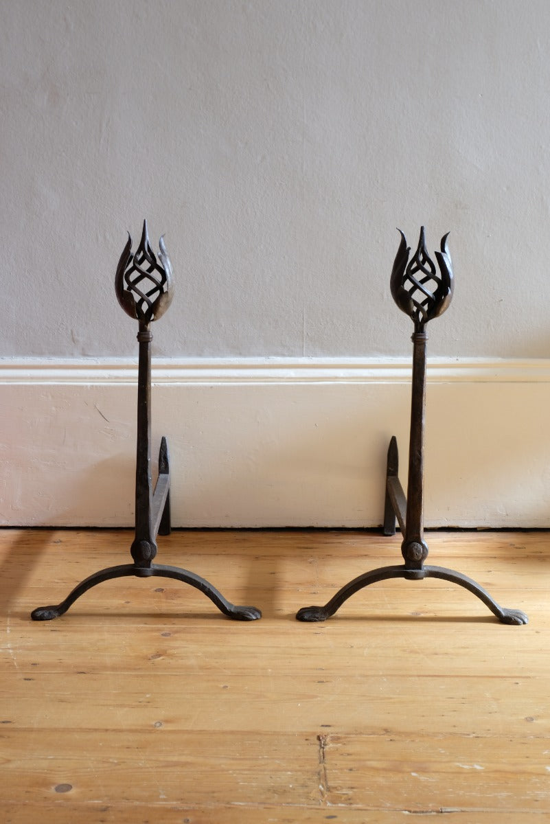 Pair Wrought Iron Fire Dogs With Open Foliate Finials