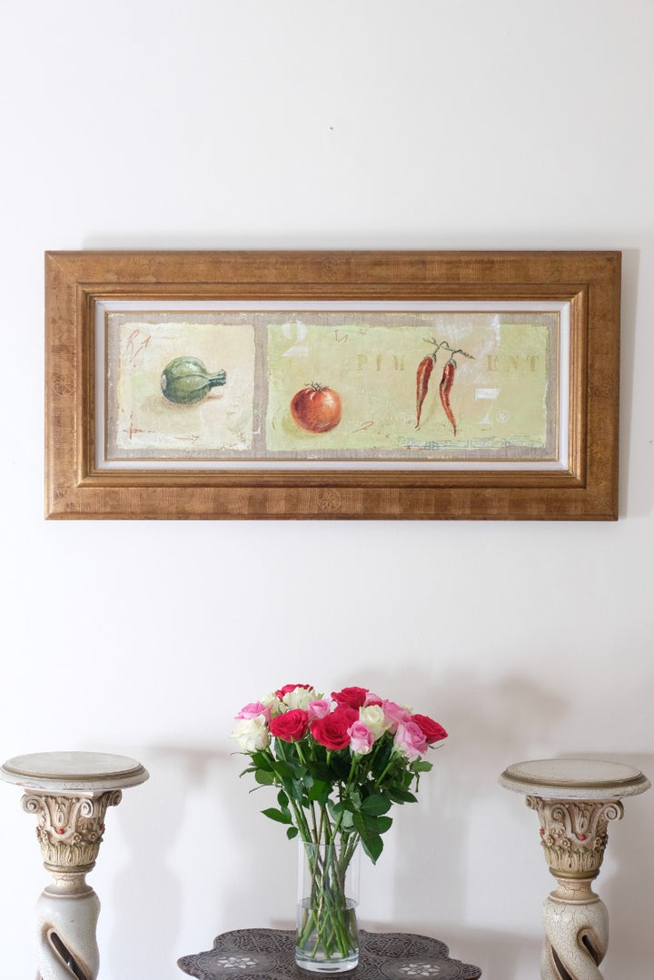 A Trio Of Fruits by F Ferron half finished painting triptych on open weave linen canvas