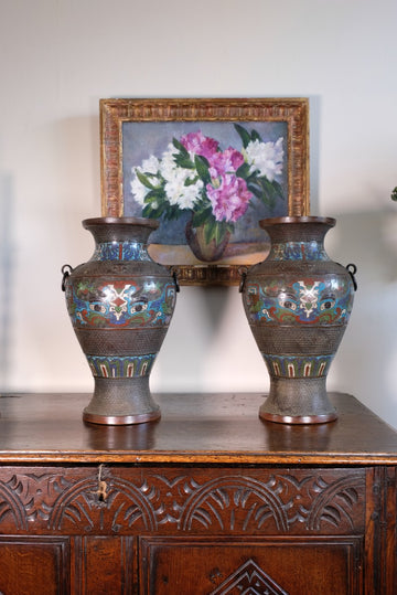 Matching Chinese Champlevé Enamel Bronze Vases