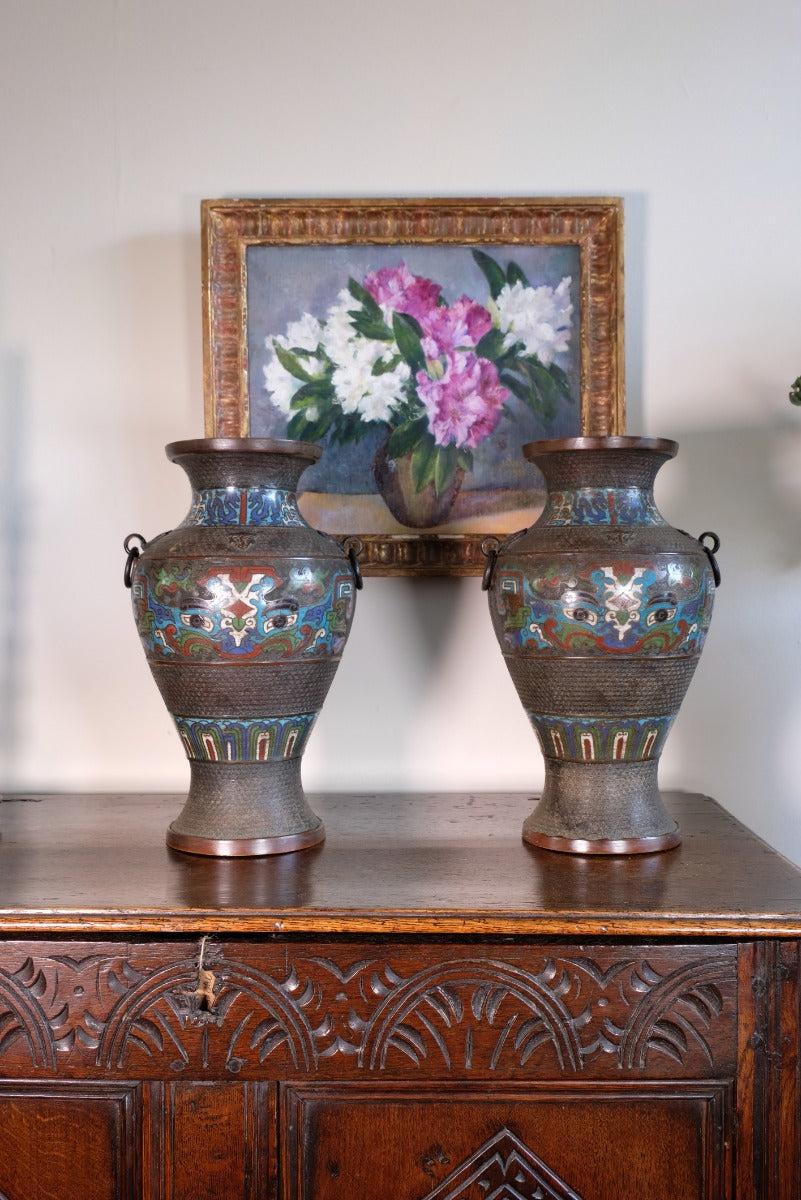 Matching Chinese Champlevé Enamel Bronze Vases
